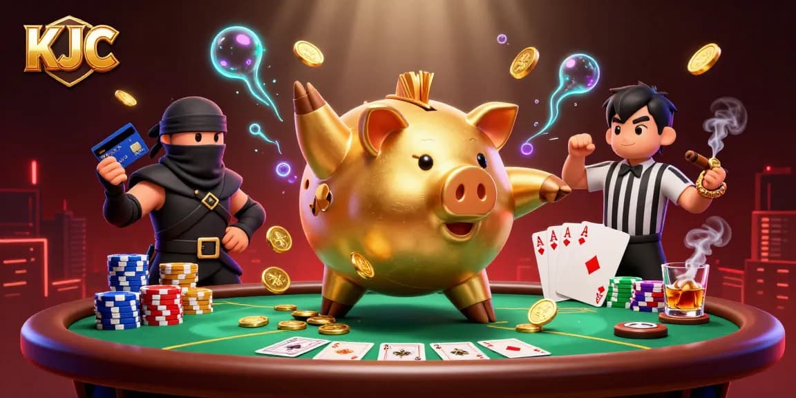 Experience exciting poker moments with KJC's unique gaming characters in this vibrant illustration.
