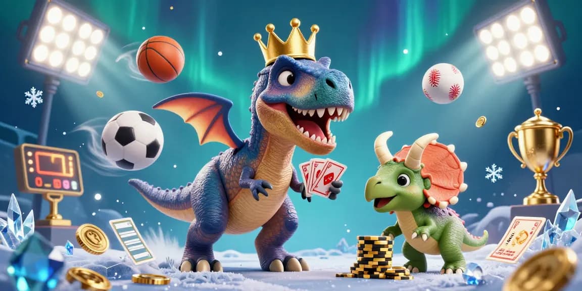 FB68 showcases a vibrant gaming atmosphere with a T-Rex and friends stacking chips and shuffling cards.