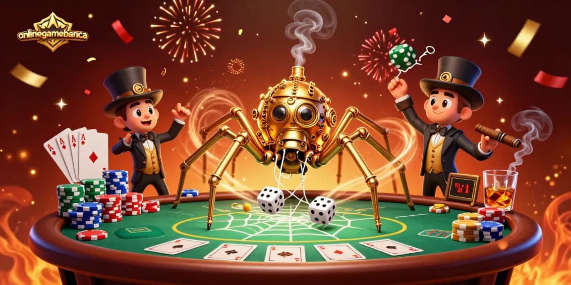 Engage with onlinegamebanca in this vibrant 3D casino scene filled with poker elements and excitement.