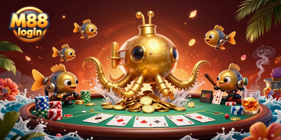Engage in thrilling gameplay with M88 login, featuring vibrant casino elements and a captivating kraken scene.