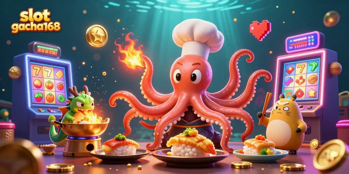 Engage with slot gacha168 featuring vibrant slot machines and whimsical characters in an underwater casino scene.