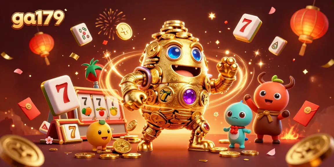 Engage with thrilling wins at ga179, showcasing a golden golem among dynamic slot elements and festive decorations.
