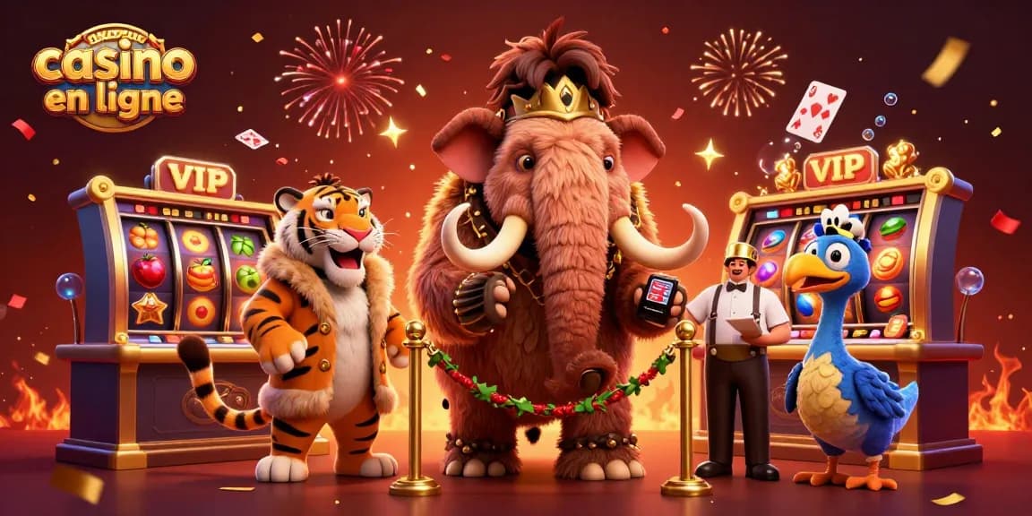 Illustration colorée d'un nouveau casino en ligne avec un mammouth videur et un tigre VIP.