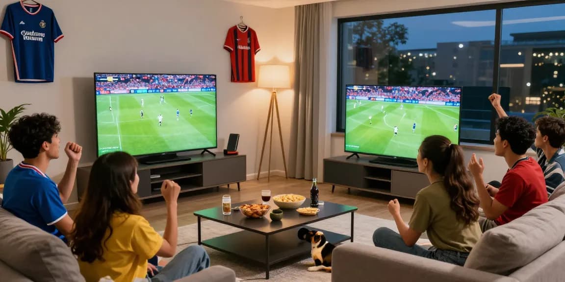 Watch koora tv live with friends enjoying snacks and cheers during a thrilling football match