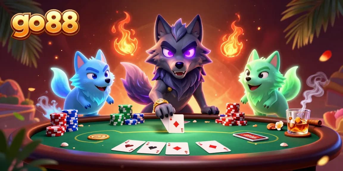 Experience excitement at go 88 as spectral wolves play poker amidst vibrant casino elements.