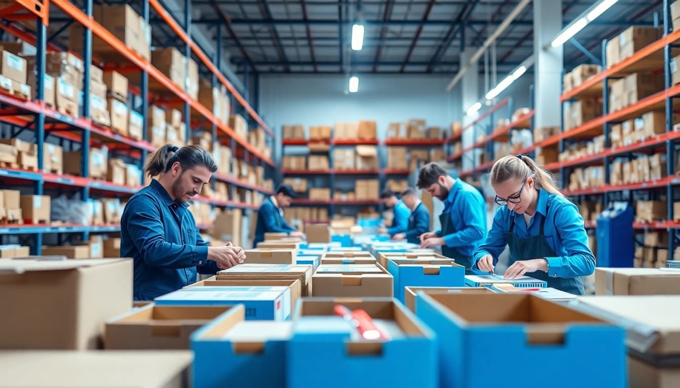 Kitting & Fulfillment Services showcasing efficient assembly and vibrant packaging in a modern warehouse environment.