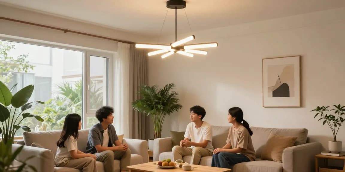Lustra living elegantă și modernă într-un living confortabil, iluminând atmosfera caldă a casei