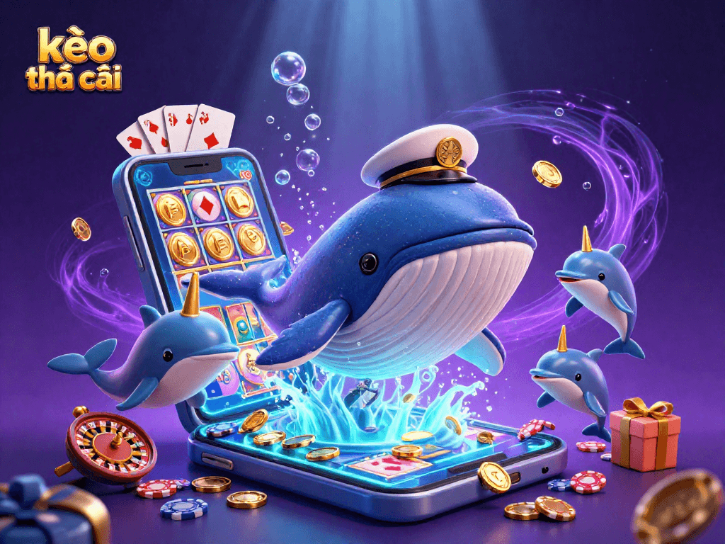 Engage with kèo nhà cái as a 3D whale and friends celebrate winning in sparkling casino themed scene.