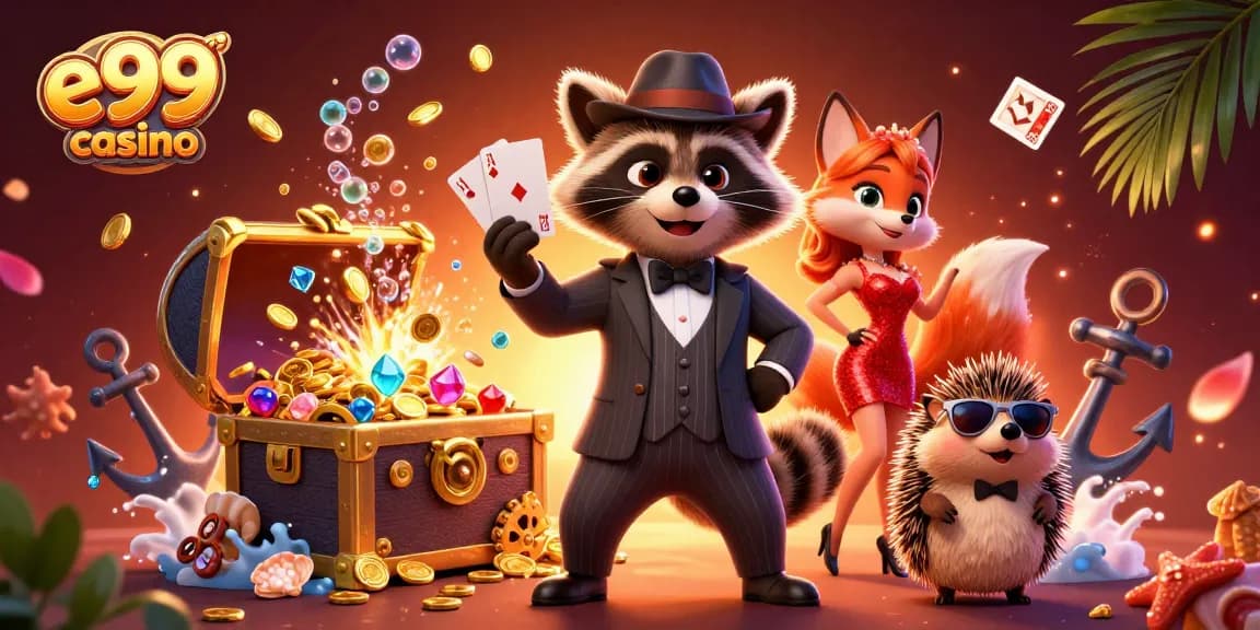 Join the fun at e99 casino with a raccoon holding a royal flush in a vibrant 3D illustration.