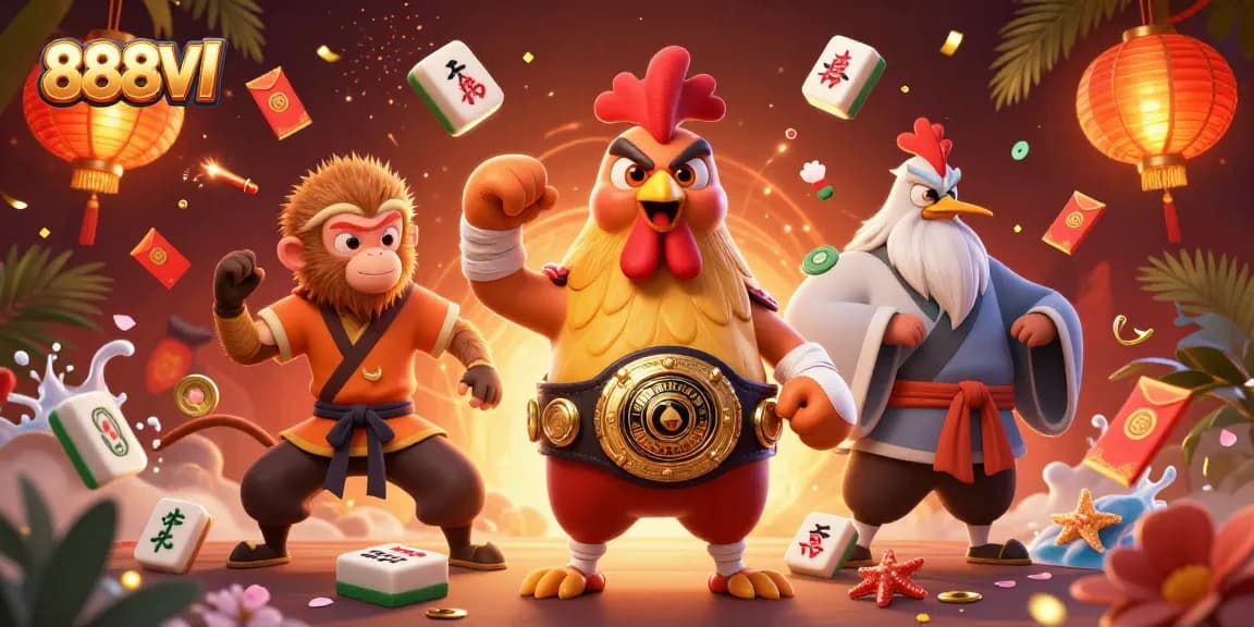 Join the thrill of 888VI with a vibrant scene featuring a Muay Thai rooster and martial arts elements.