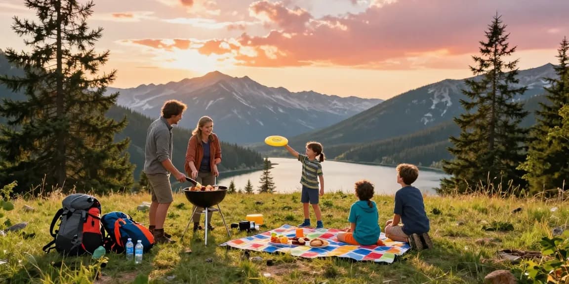 Family enjoying a picnic and adventure at mountain views with mantra88 gear in the background.