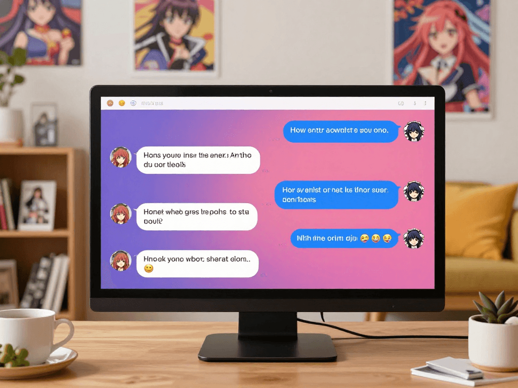 Engaging hentai chat conversation in a cozy virtual setting with colorful chat bubbles.