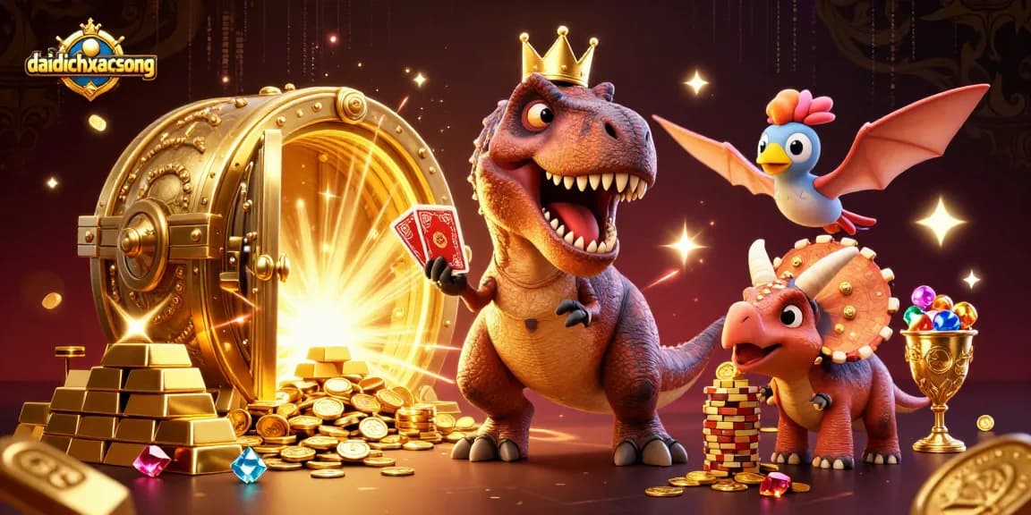 Engage in daidichxacsong with cartoon dinosaurs in a vibrant casino setting, shuffling cards and stacking chips.
