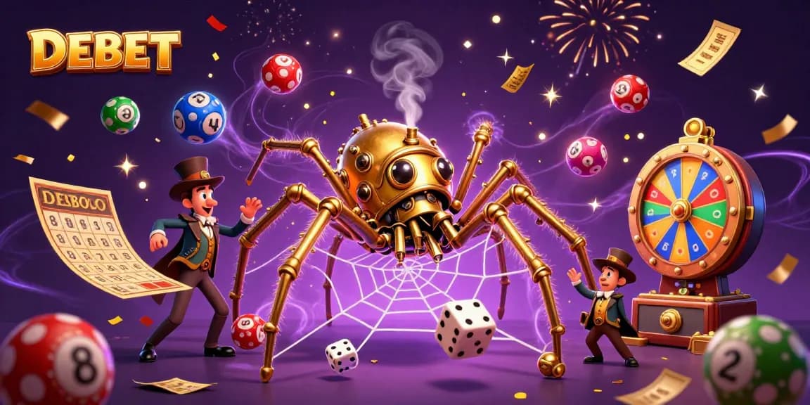 Engage with DEBET: A steampunk spider ensnares dice in a vibrant casino-themed illustration.