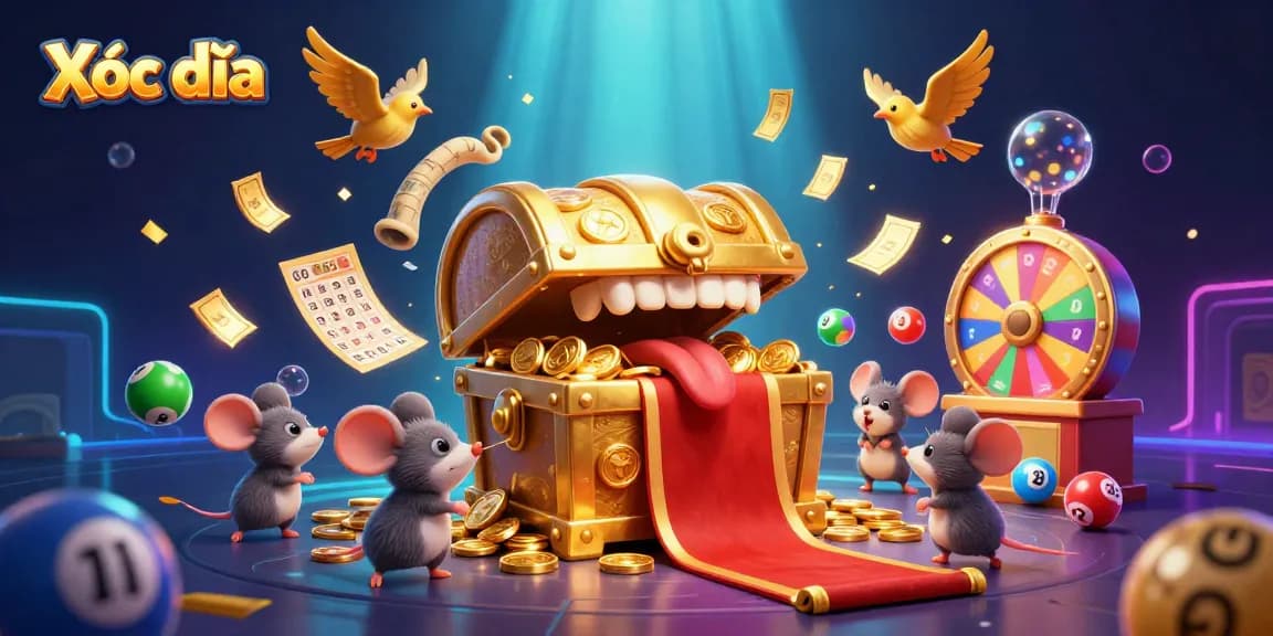 Xóc đĩa showcases lively gaming action with vibrant elements and a golden treasure chest illustration.