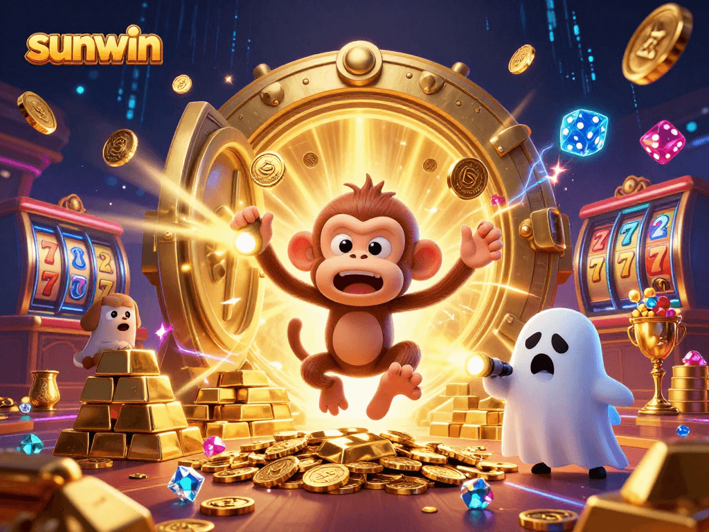 A 3D casino scene with the playful sunwin monkey juggling golden objects as a ghost-hunter puppy tracks it.