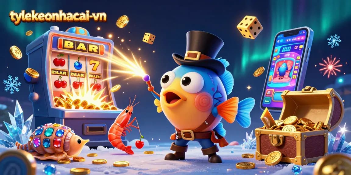 Experience the thrilling vibe of tylekeonhacai-vn with colorful slot machines, glowing coins, and exciting game elements.