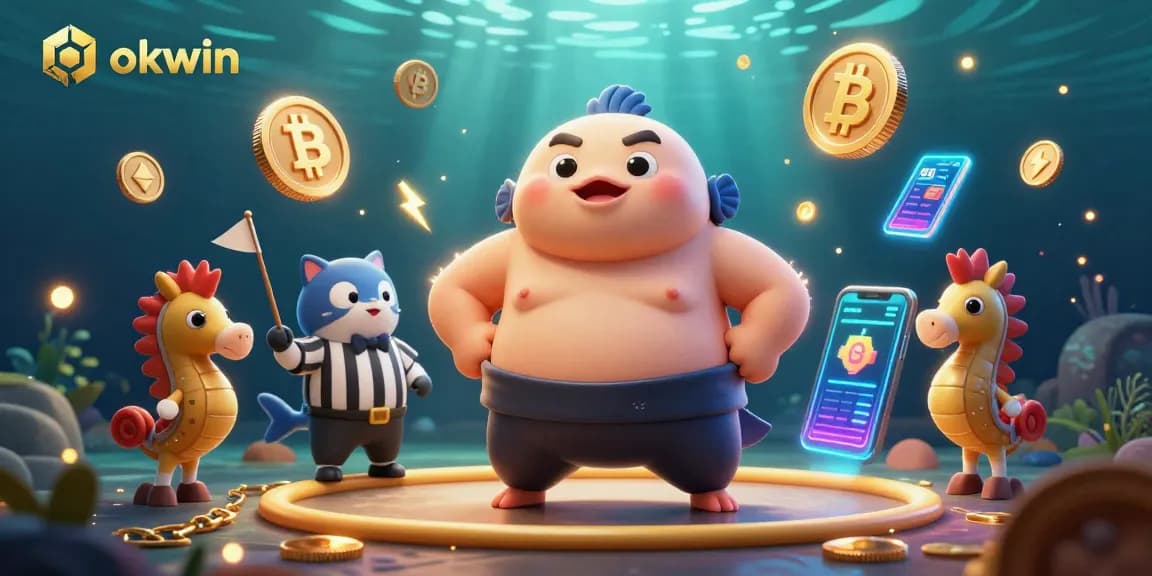Join the fun at OKWIN with a vibrant underwater casino scene featuring a sumo fugu and crypto flair!