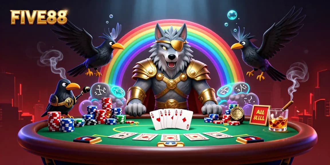 Engage with FIVE88's poker scene featuring Odin, ravens, and casino chips in vibrant 3D.