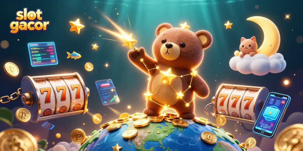 Engage with slot gacor's dynamic scene featuring starry characters and glowing cryptocurrencies.