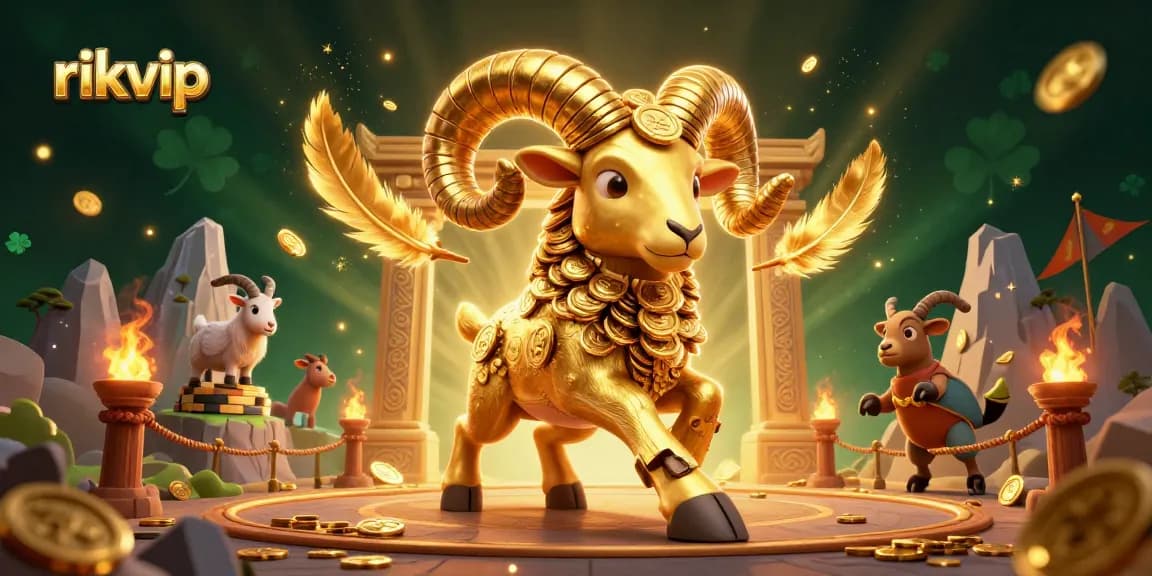 Win big with rikvip in a dynamic gambling showdown, featuring a golden ram amidst scattered coins and excitement.