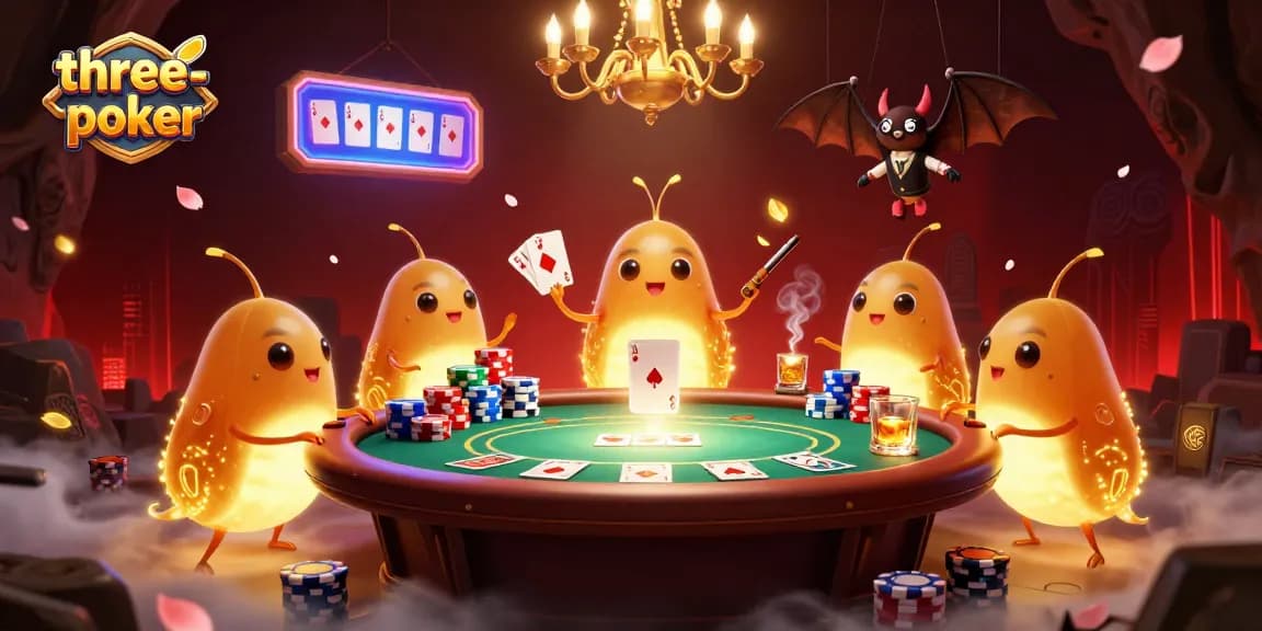 Experience three-card-poker with glowworms illuminating an exciting cave casino scene, showcasing poker action and vibrant elements.