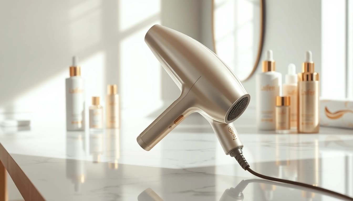 Showcase Laifen hair dryer with luxury hair care products in an elegant setting.