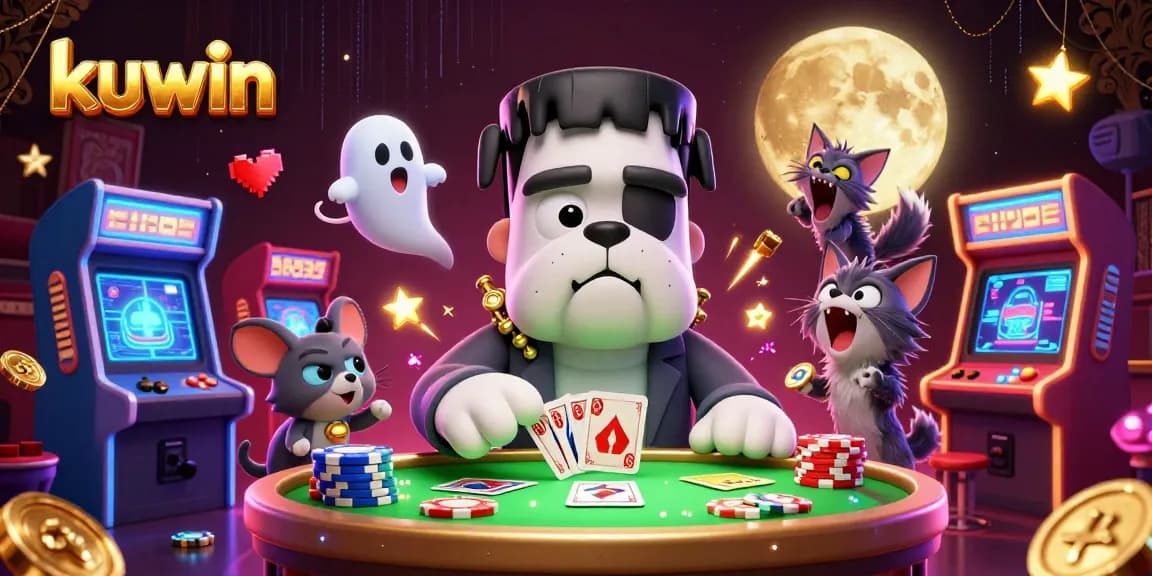 Kuwin offers unique casino experiences with a vibrant cartoon theme amidst gold and neon elements.
