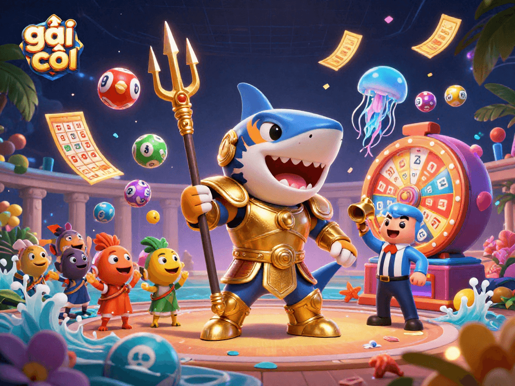 Gái gọi trong bối cảnh casino, những quả bóng xổ số đầy màu sắc và hiệu ứng tiền đang rơi.