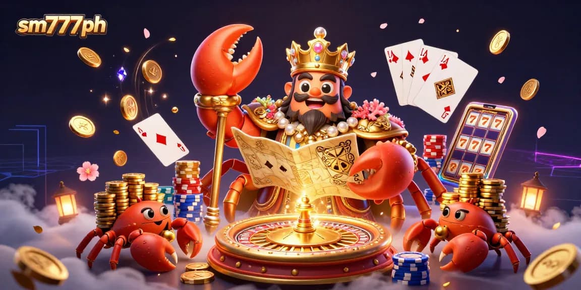 Engaging 3D illustration for sm777ph featuring a golden crab emperor in a vibrant casino scene.