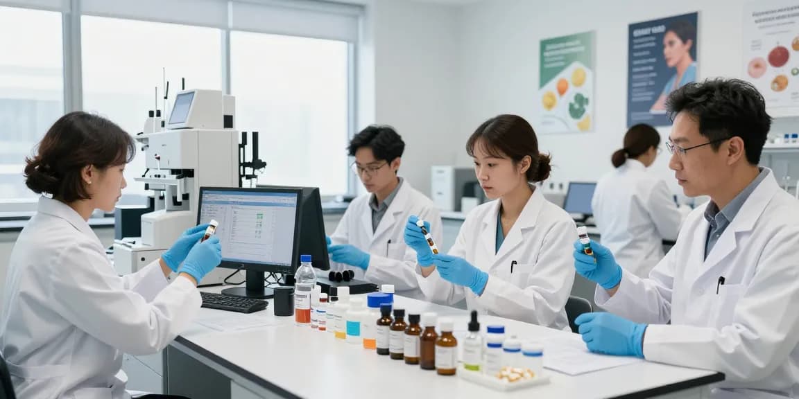 Deus Medical team analyzing health products in a modern lab environment for quality and safety.