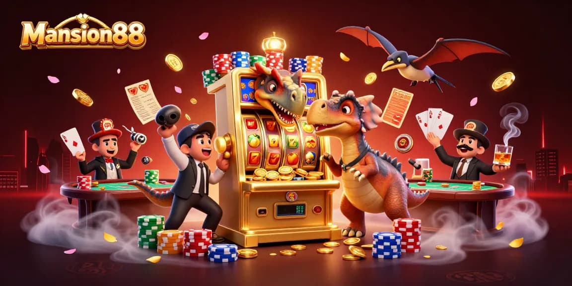 Mansion88 captivates players with a thrilling scene of dinosaur characters and vibrant casino elements.