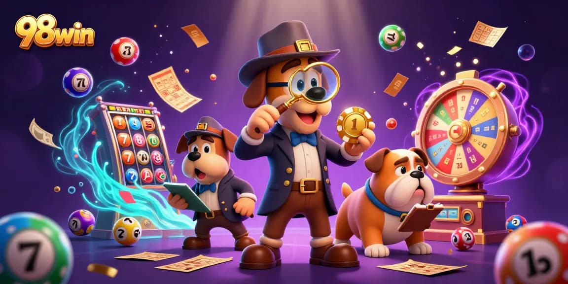 Engage in thrilling gameplay at 98win, featuring dynamic lottery balls and festive casino elements.