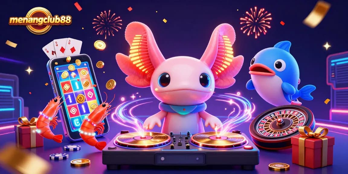 Experience the excitement of menangclub88 with vibrant 3D gameplay and retro elements in this colorful illustration.
