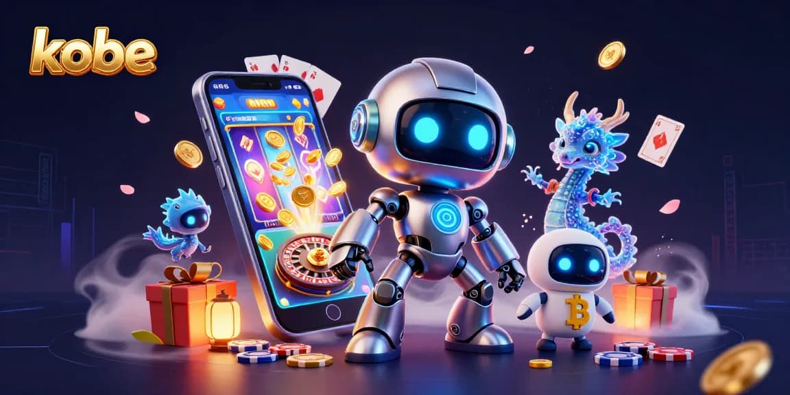 Experience the thrill of kobe-themed gaming adventures with a vibrant casino scene featuring a cyberpunk robot and bitcoin.