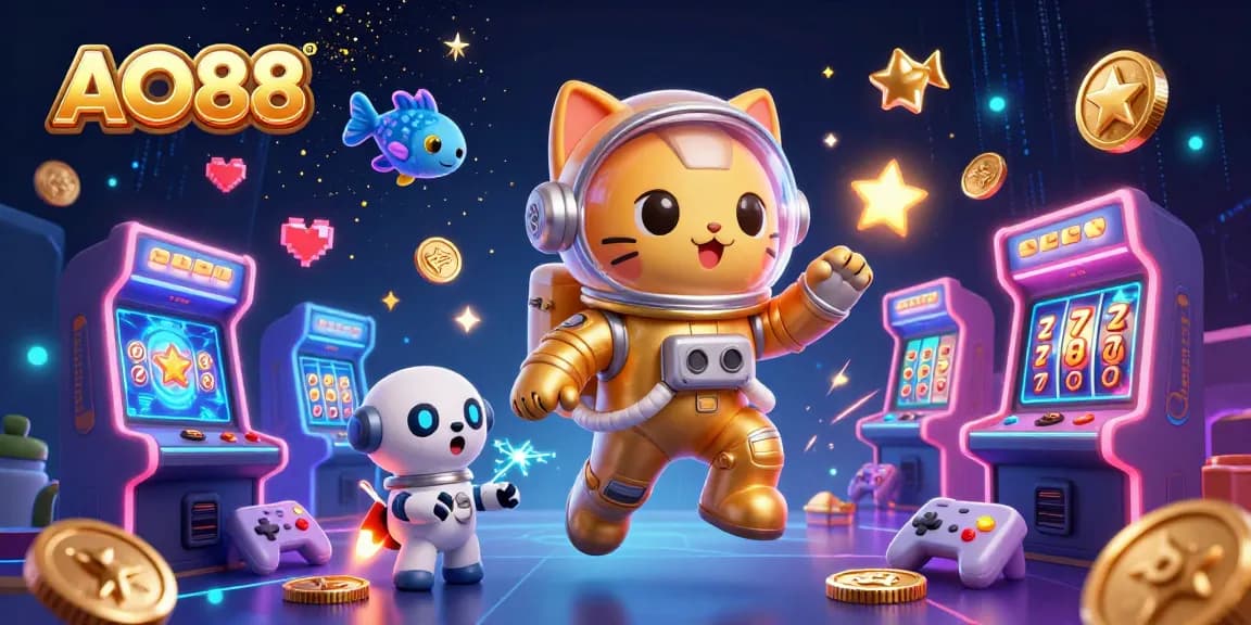 Engaging AO88 casino illustration with a space cat, robot dog, and slot reels in a nebula.