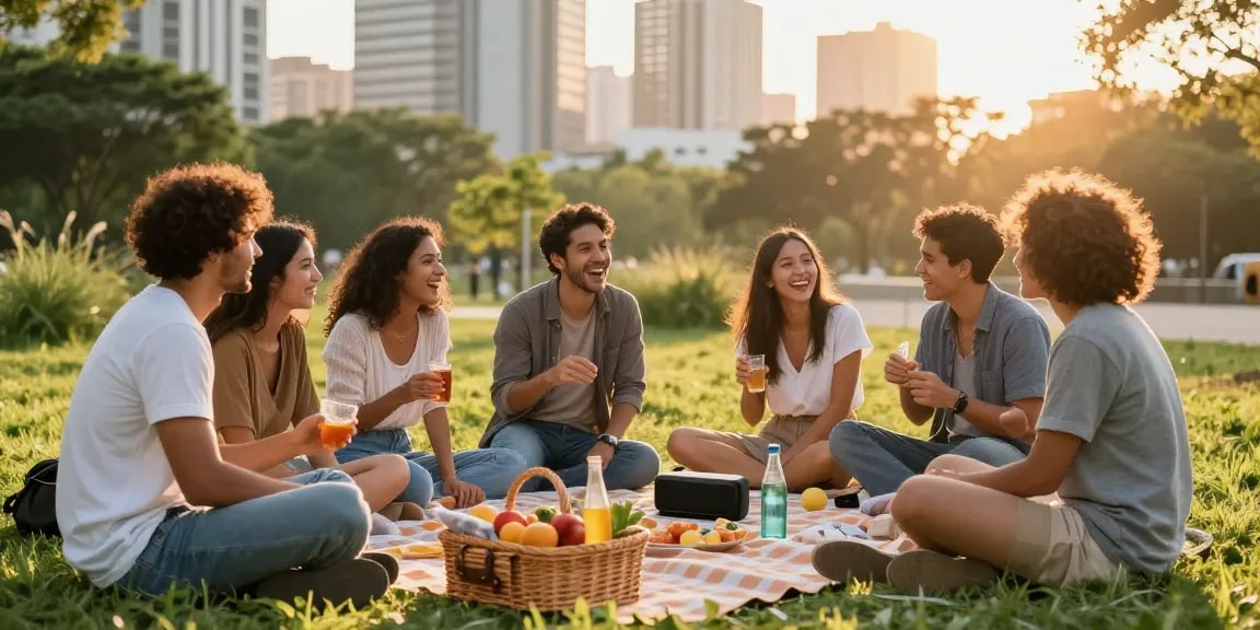 Dating scene with diverse singles enjoying a picnic in a park.