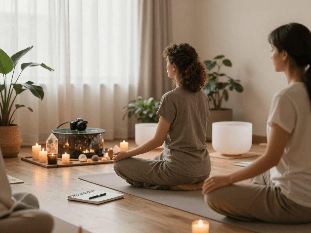 Experience mantra88 mindfulness in a calming meditation space with candles and plants.