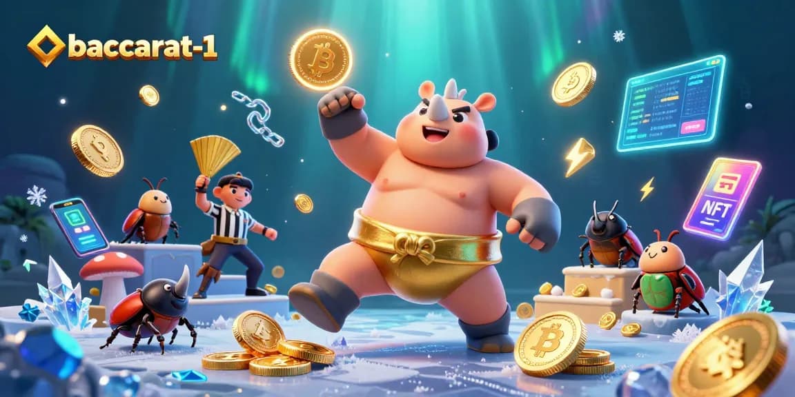 Experience exciting baccarat-1 gameplay with a 3D rhinoceros beetle champion amidst dazzling coins.