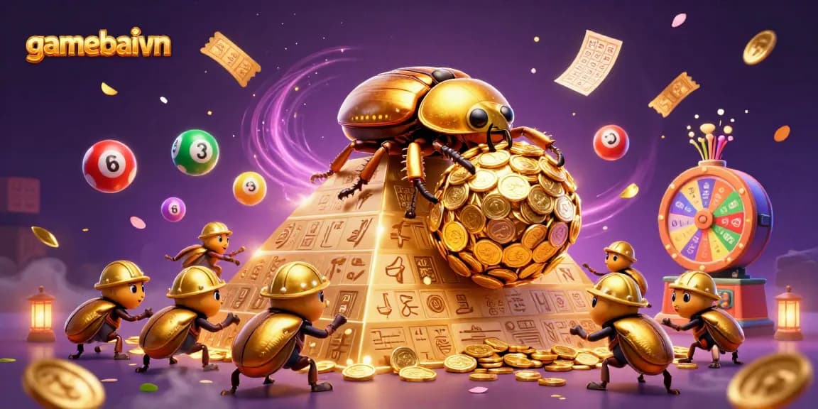 Experience dynamic gameplay at gamebaivn with golden beetles rolling coins and exciting lottery elements.