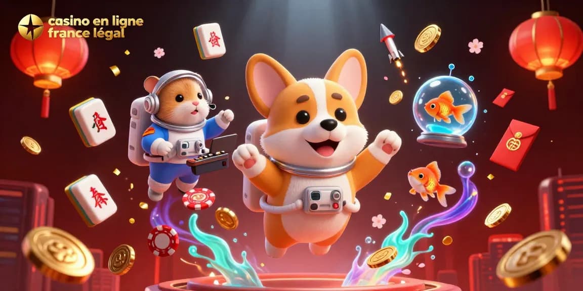 Illustration dynamique d'un casino en ligne France légal avec un corgi astronaute et un hamster de contrôle.