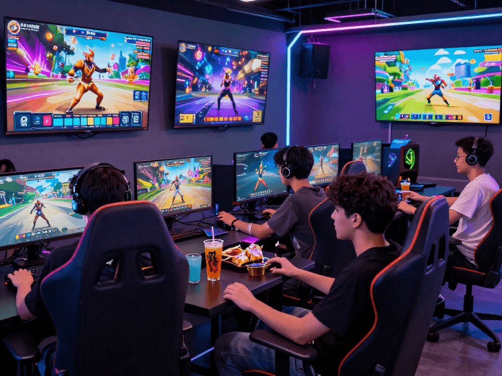 Exciting scene of players engaged in popular porn game at a vibrant gaming lounge.