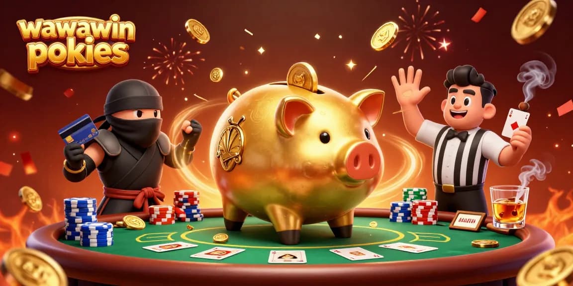 Wawawin pokies shine in an energetic 3D casino scene with vibrant characters and elements.