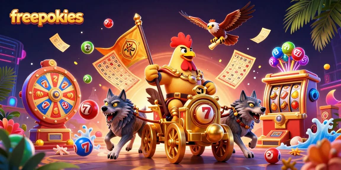 Experience freepokies excitement with a vibrant 3D casino scene featuring lottery elements and vivid character action.