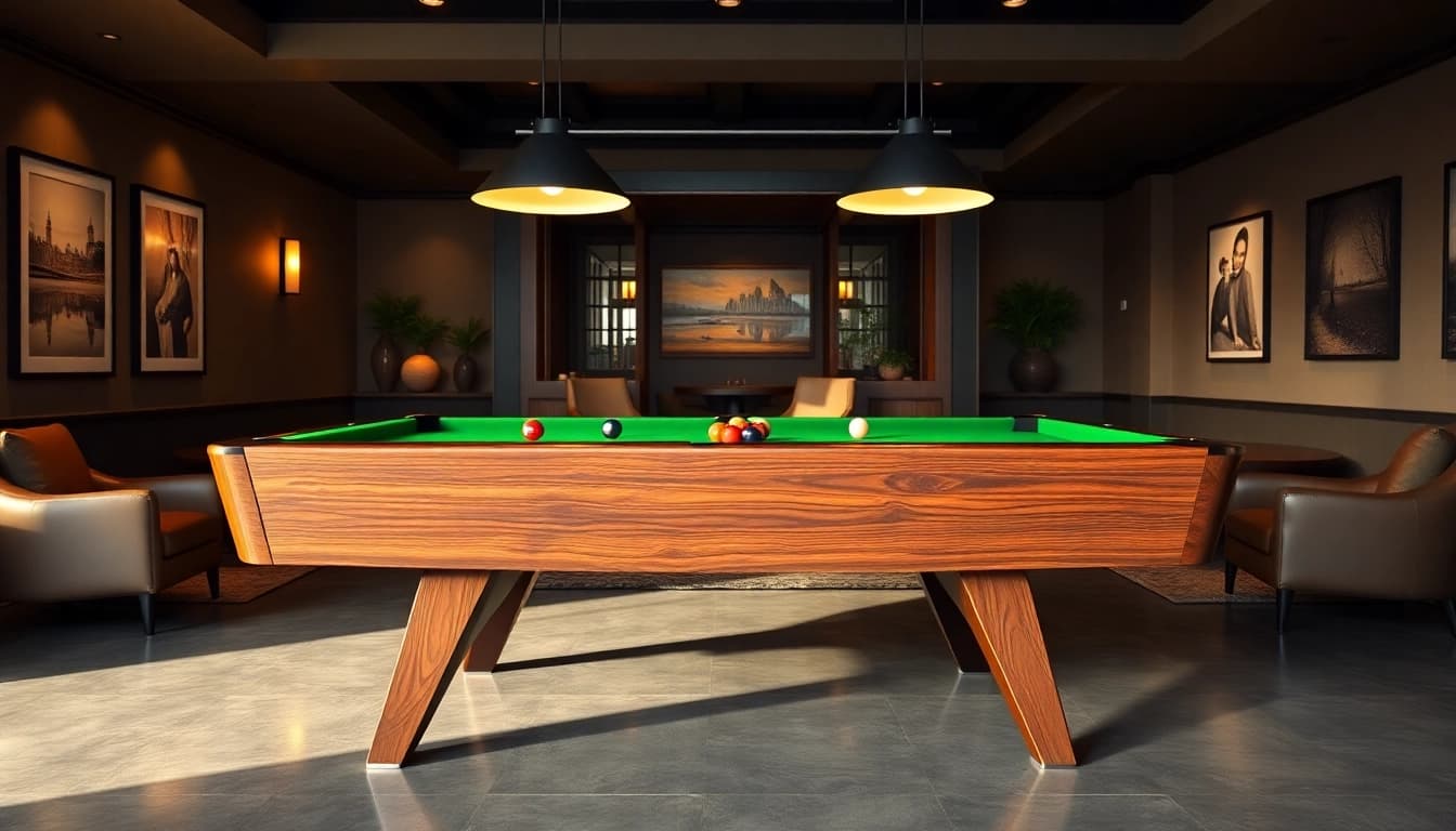Buy Pool Tables showcased in a modern game room with elegant lighting and stylish decor.