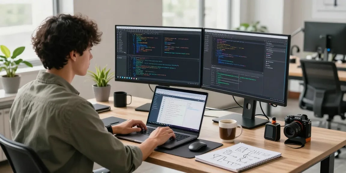 Build internal tools with AI in a modern workspace featuring a developer coding with dual monitors and creative tools.