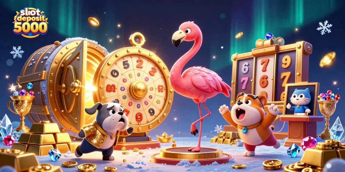 Slot deposit 5000 dengan karakter 3D meriah dalam ilustrasi kasino, memancarkan energi kemenangan.