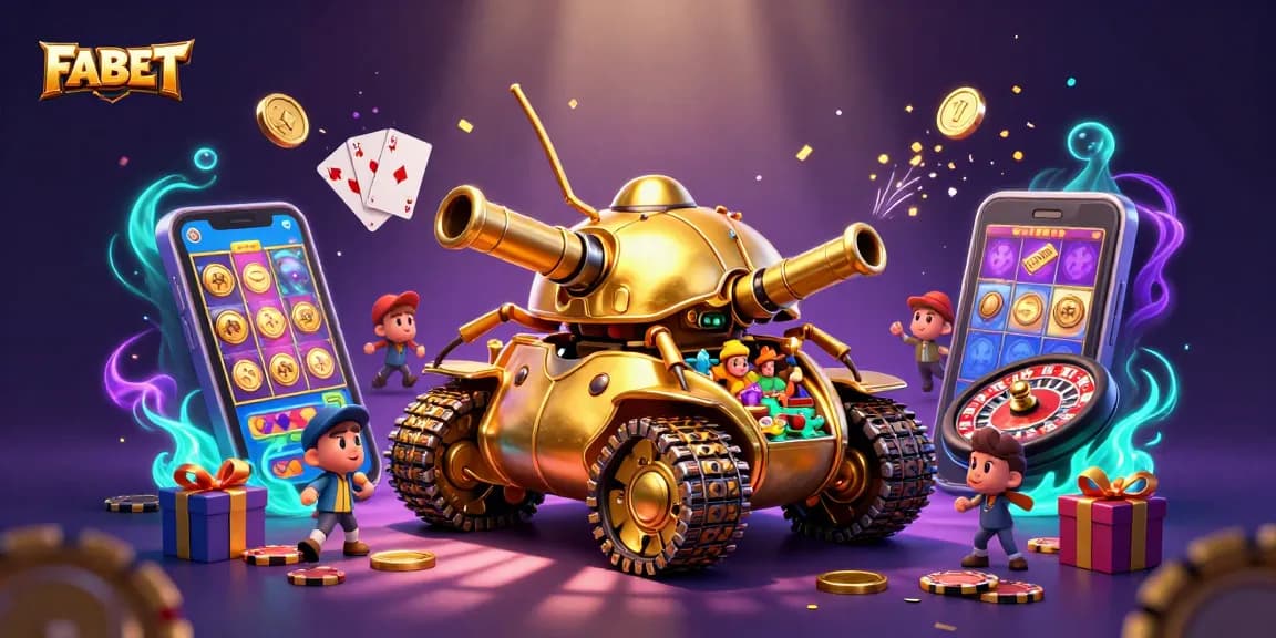 Experience FABET with a dynamic casino scene featuring a golden beetle tank and vibrant gaming elements.