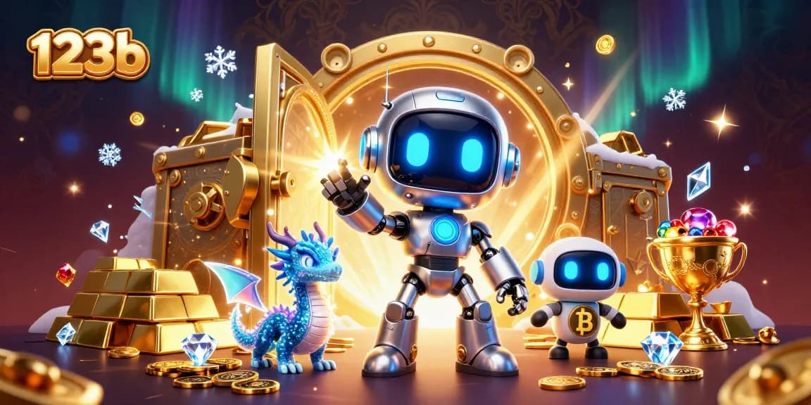 Engage with thrilling cryptocurrency gaming as 123b showcases a vibrant 3D casino scene with robots and treasures.