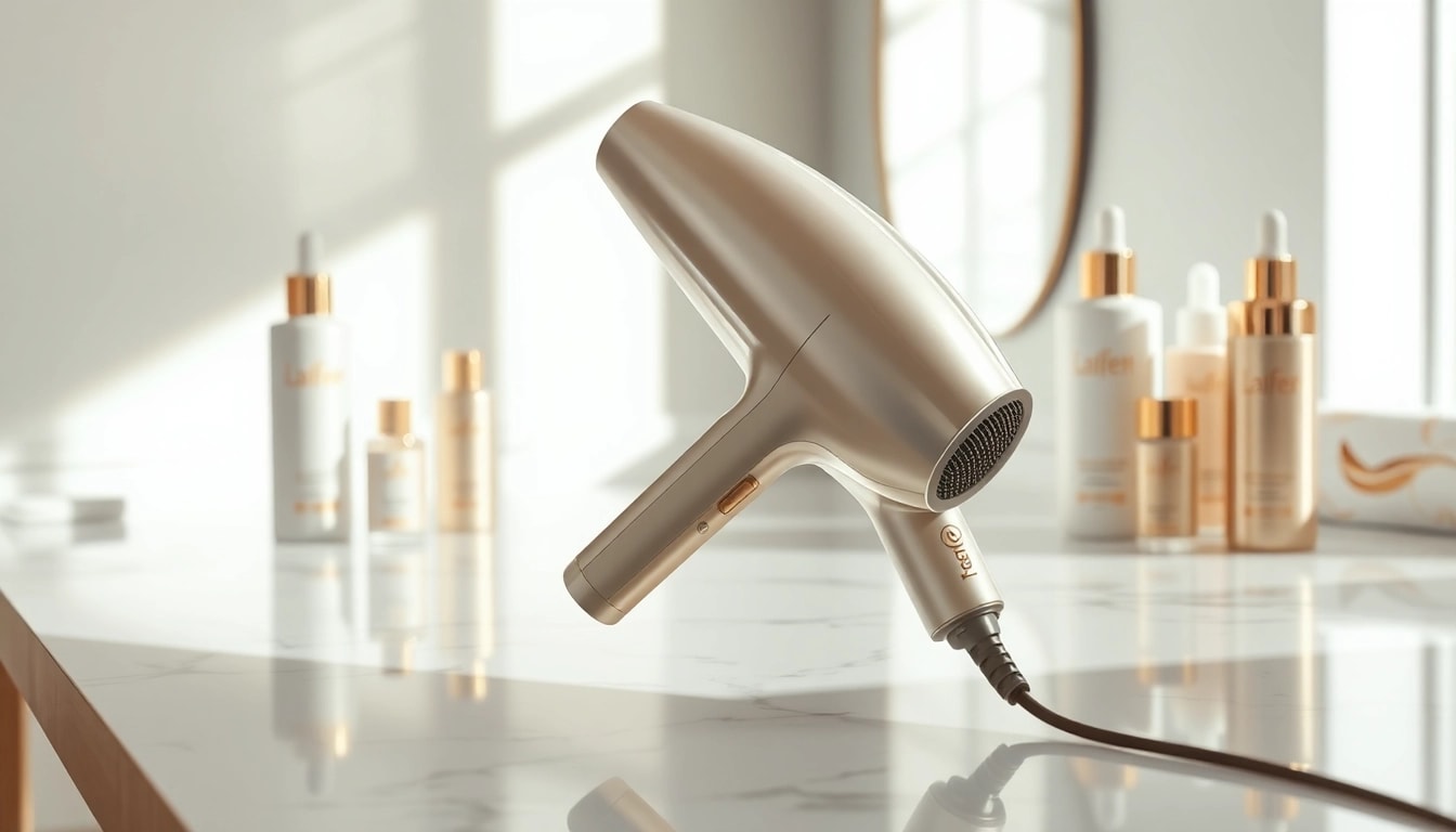 Showcase Laifen hair dryer with luxury hair care products in an elegant setting.